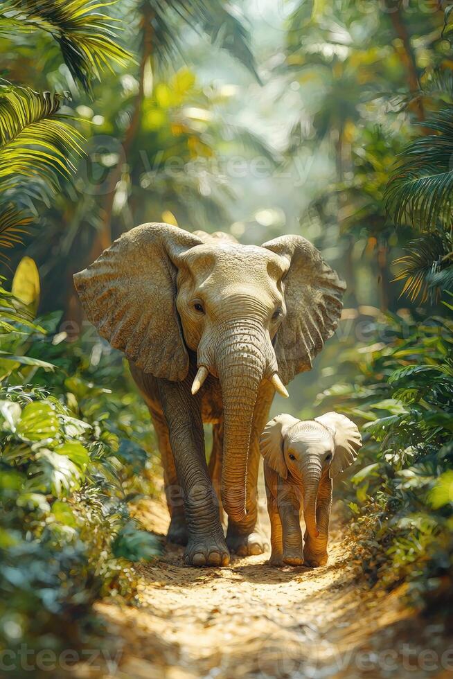 An elephant and its baby walking through the jungle photo
