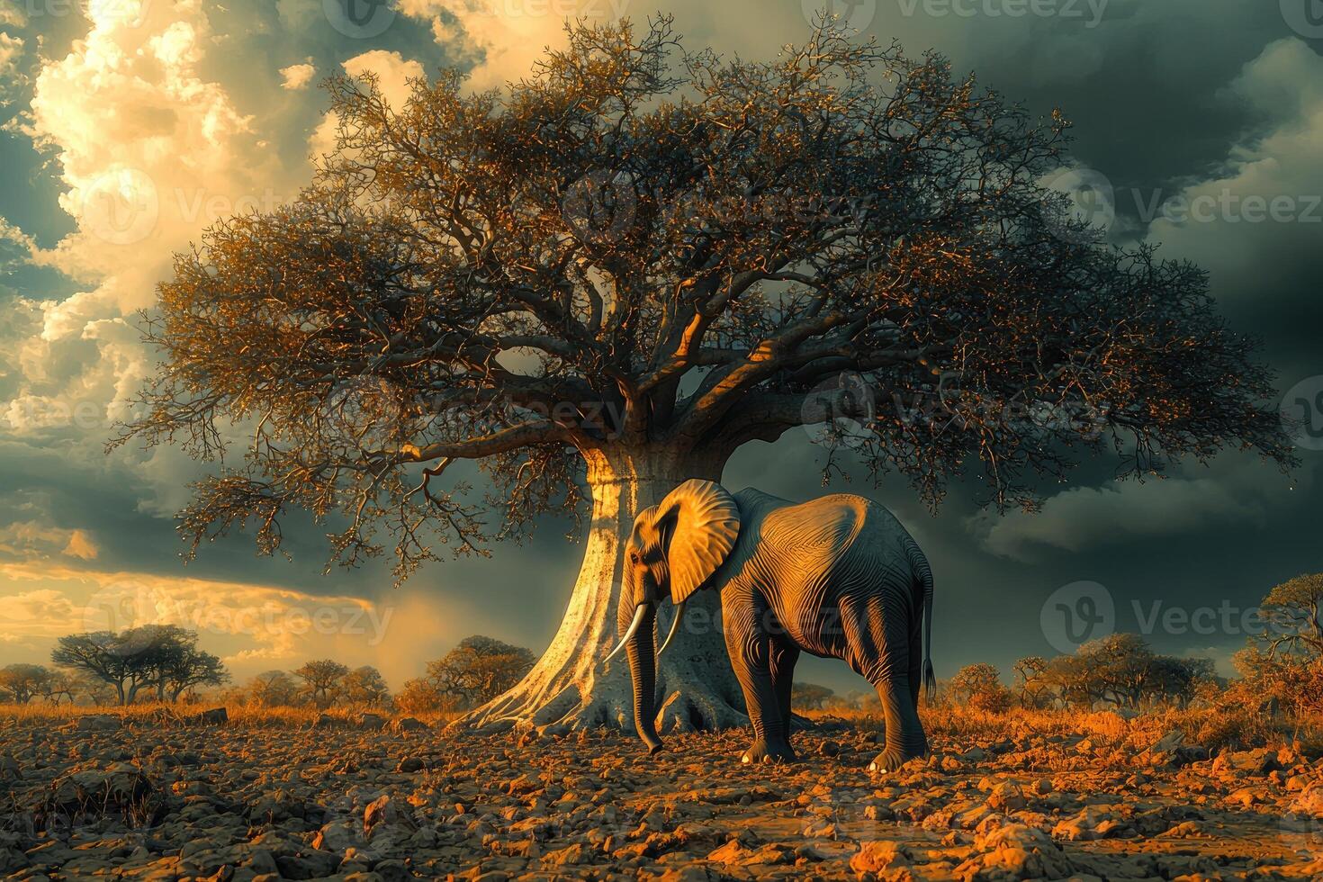 A large elephant standing under a large tree photo