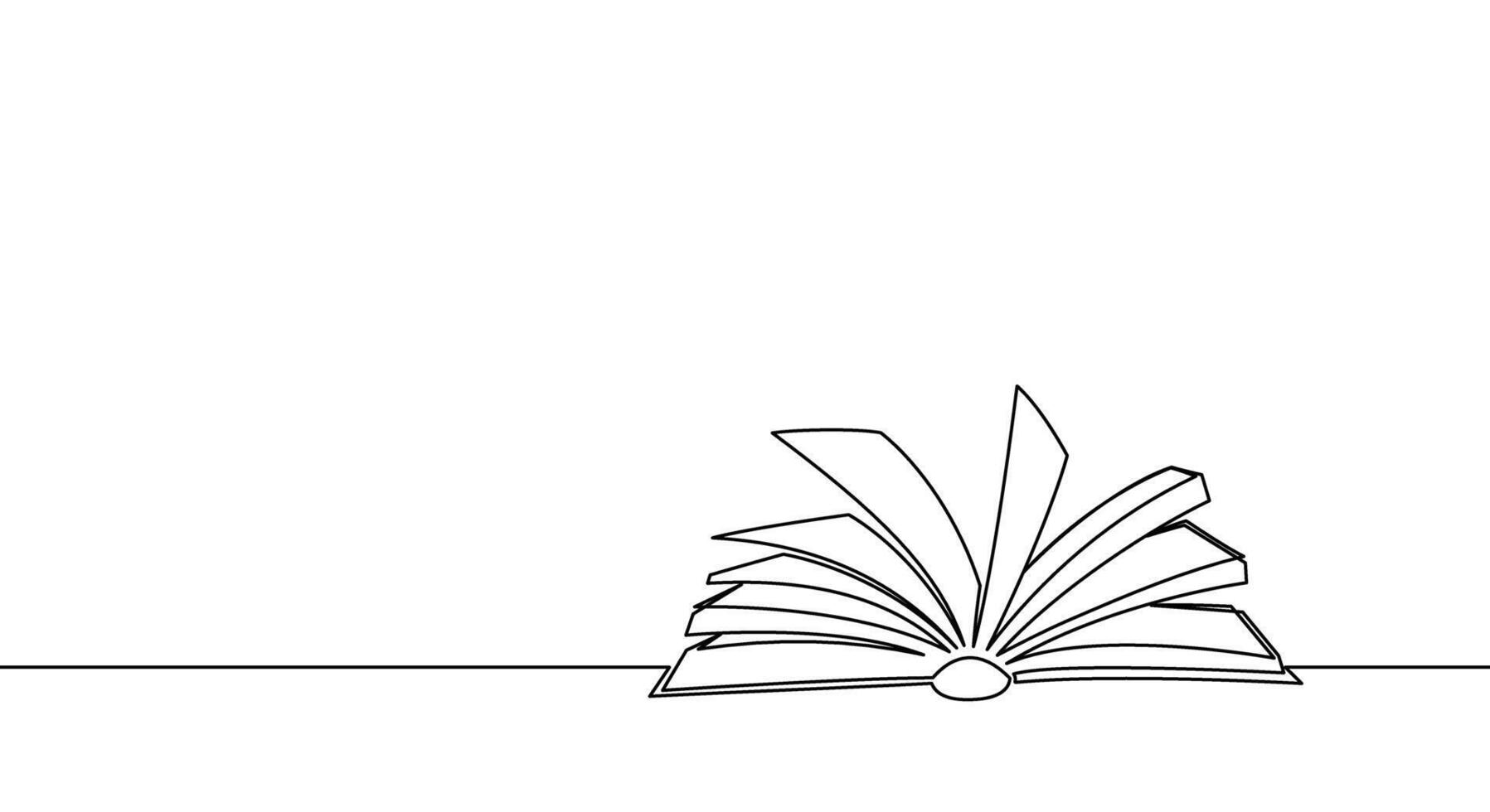 One continuous line banner open book lies on table. Education and knowledge library concept in simple linear style. Doodle illustration vector