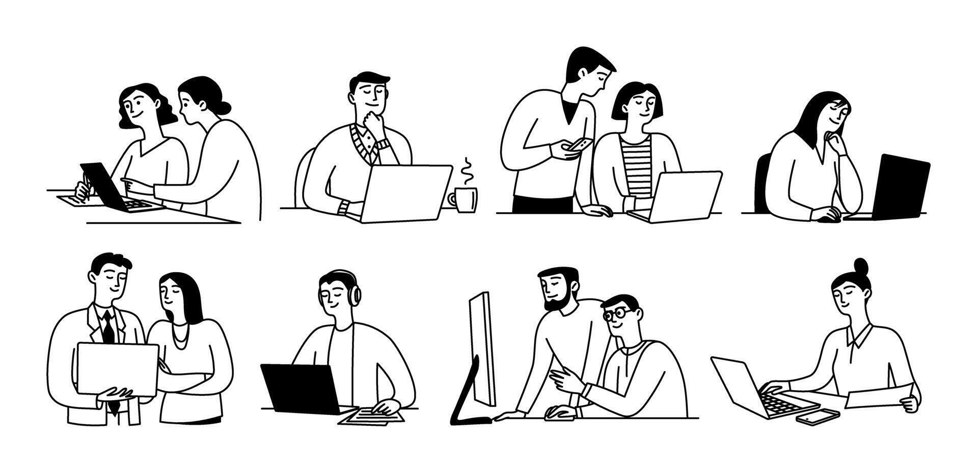 People use devices, work on laptop, computer and monitor, businessmen discuss project. set isolated doodle illustration vector