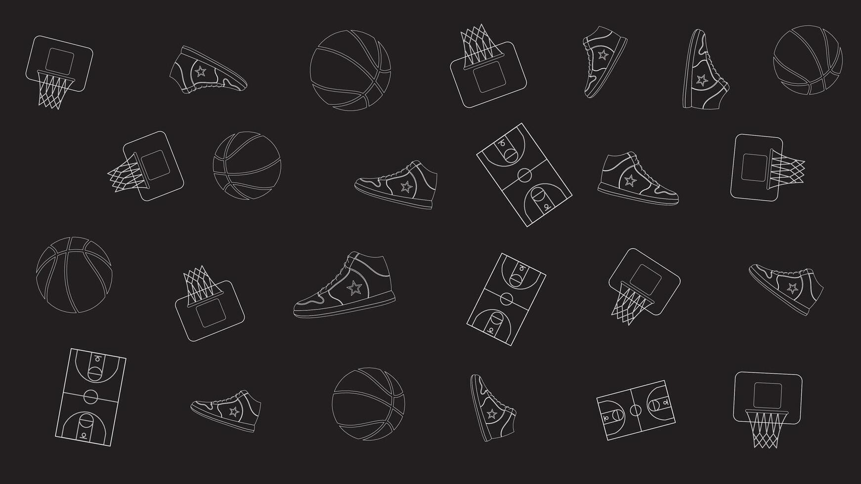 Seamless Basketball Pattern with White Outline Sport Icons on Black Background for Athletic Design vector
