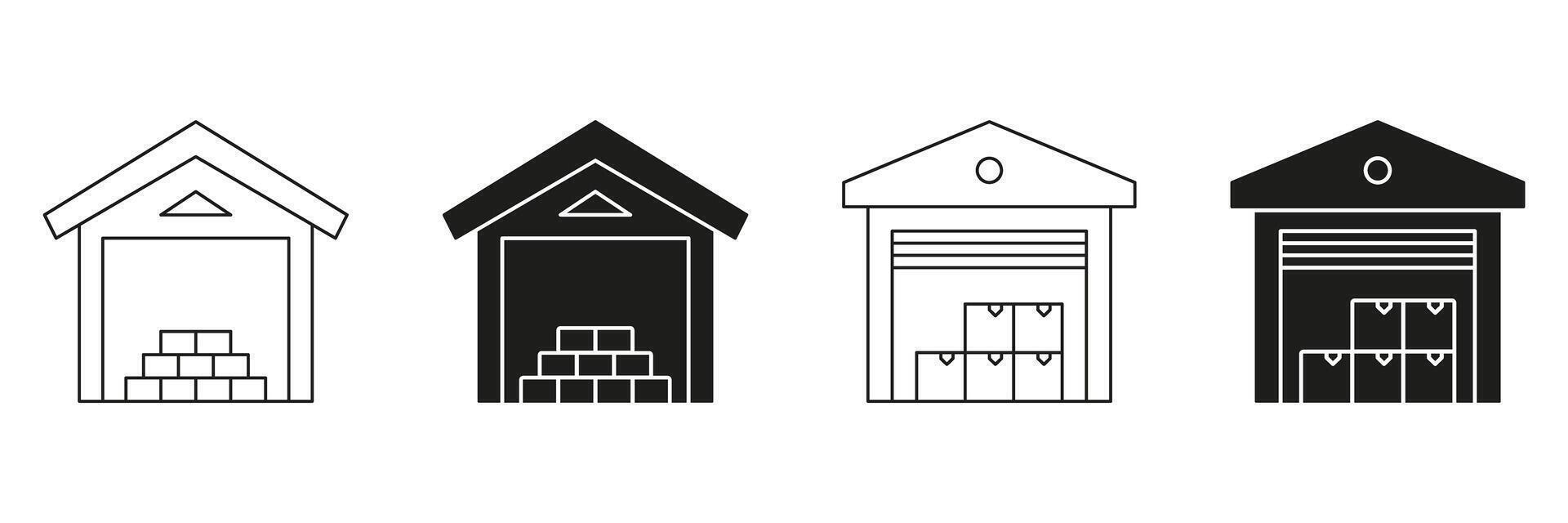 Warehouse Storage Line And Solid Icon Set. Logistics, Inventory Management, And Goods Storage Silhouette Symbol Collection. Distribution And Supply Chain. Isolated Illustration vector