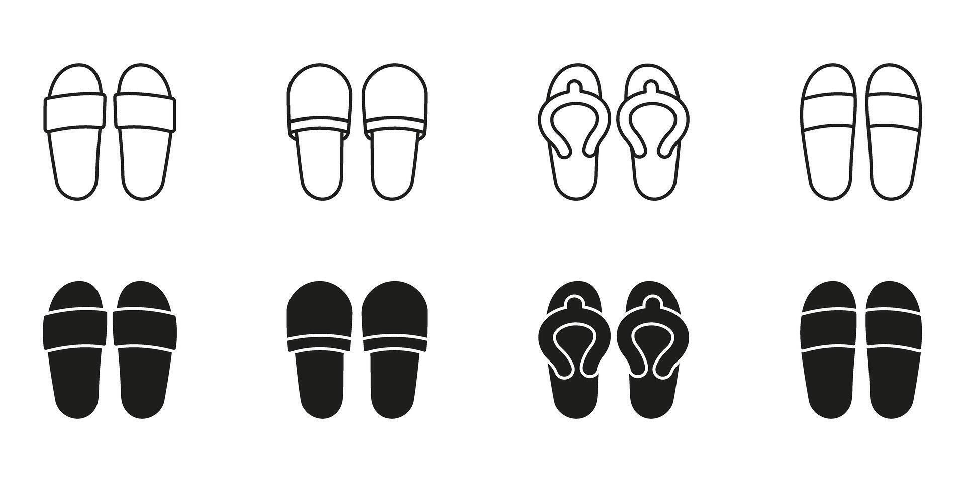 Flip Flops And Sandals Line And Solid Icon Set. Casual Footwear, Summer Shoes, And Beachwear Symbol Collection. Comfortable And Relaxed Style. Isolated Illustration vector