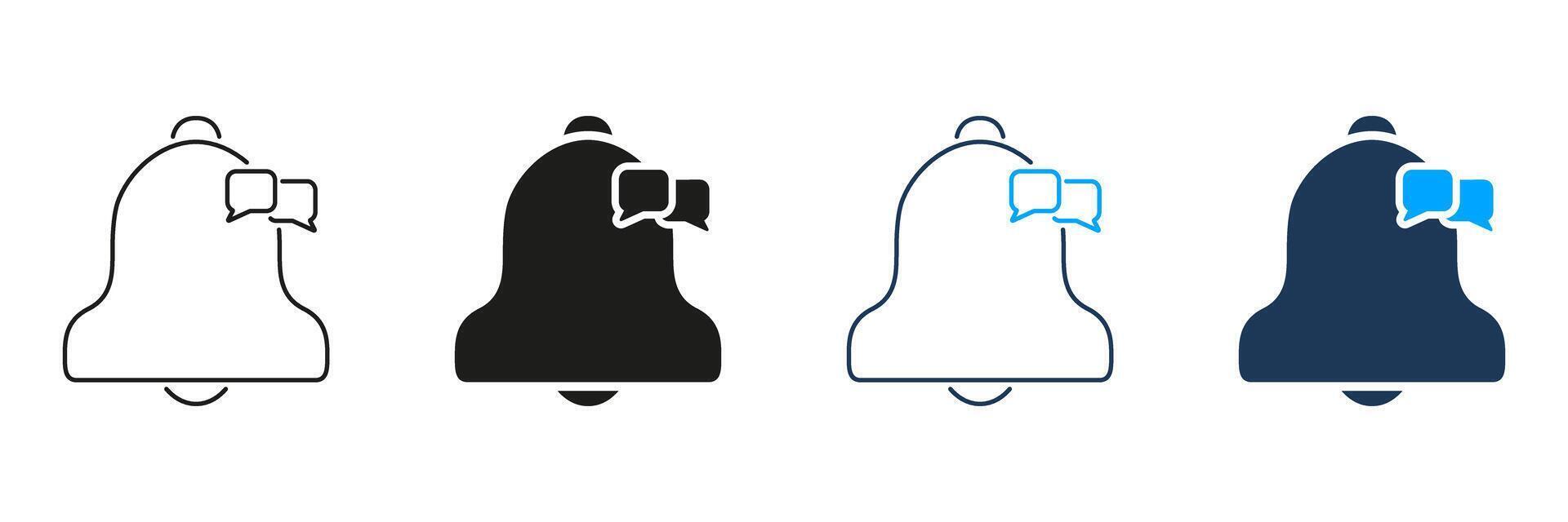 Notification Bell With Chat Bubble Line And Solid Icon Set. Alert And Messaging Communication Symbol Collection. Reminder And Message Notification Design. Isolated Illustration vector