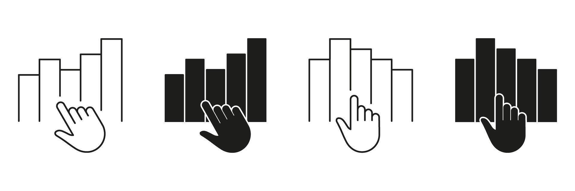 Hand Interacting With Bar Chart Line And Solid Icon Set. Data Analysis, Interactive Graphs, And Business Analytics Symbol Collection. Isolated Illustration vector