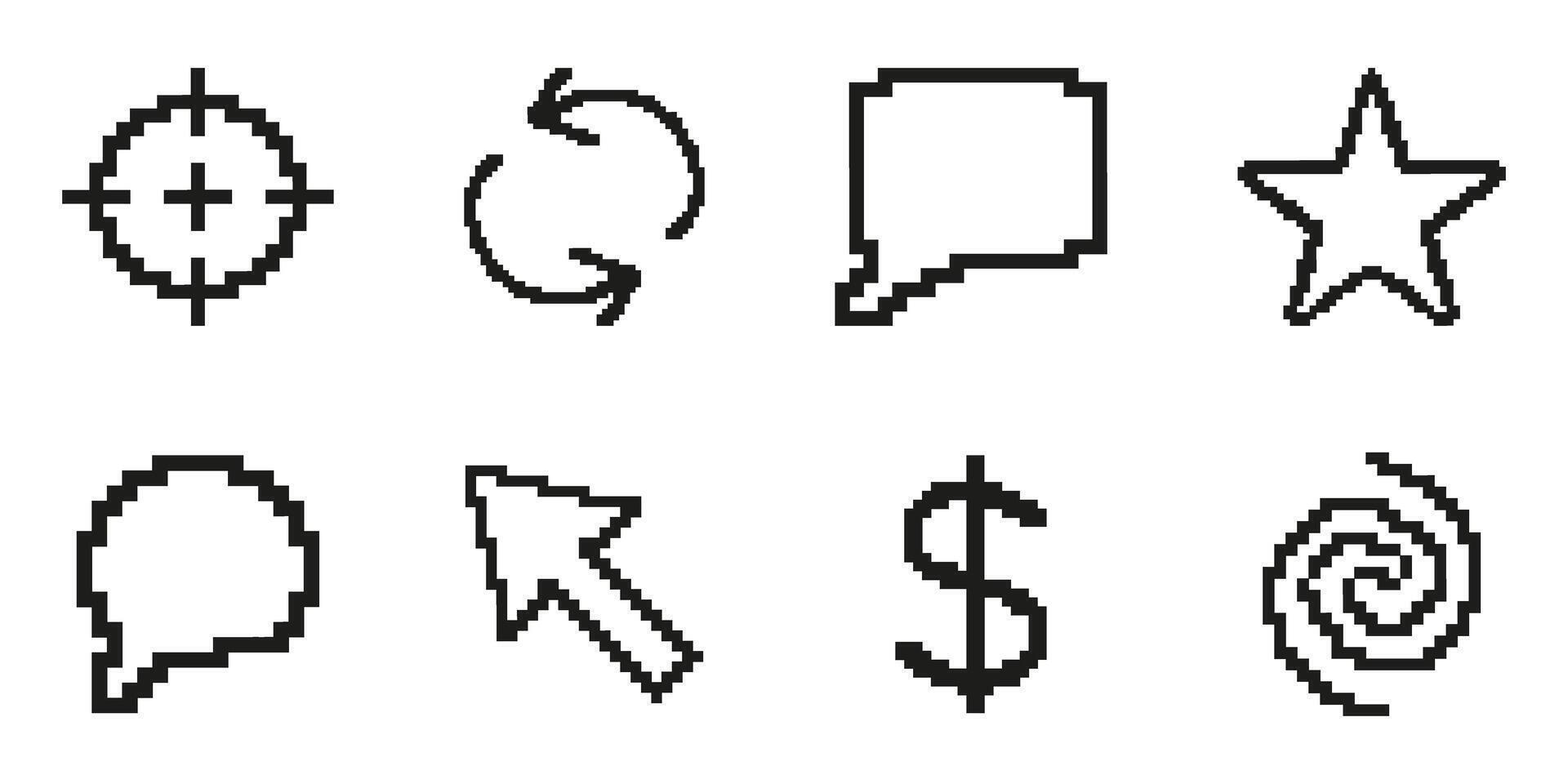 Pixel Art Icon Set Featuring Target, Refresh, Speech Bubble, Star, Cursor, Dollar Sign, And Spiral. Versatile Pixelated Symbol Collection For Digital Interfaces. Isolated Illustration vector