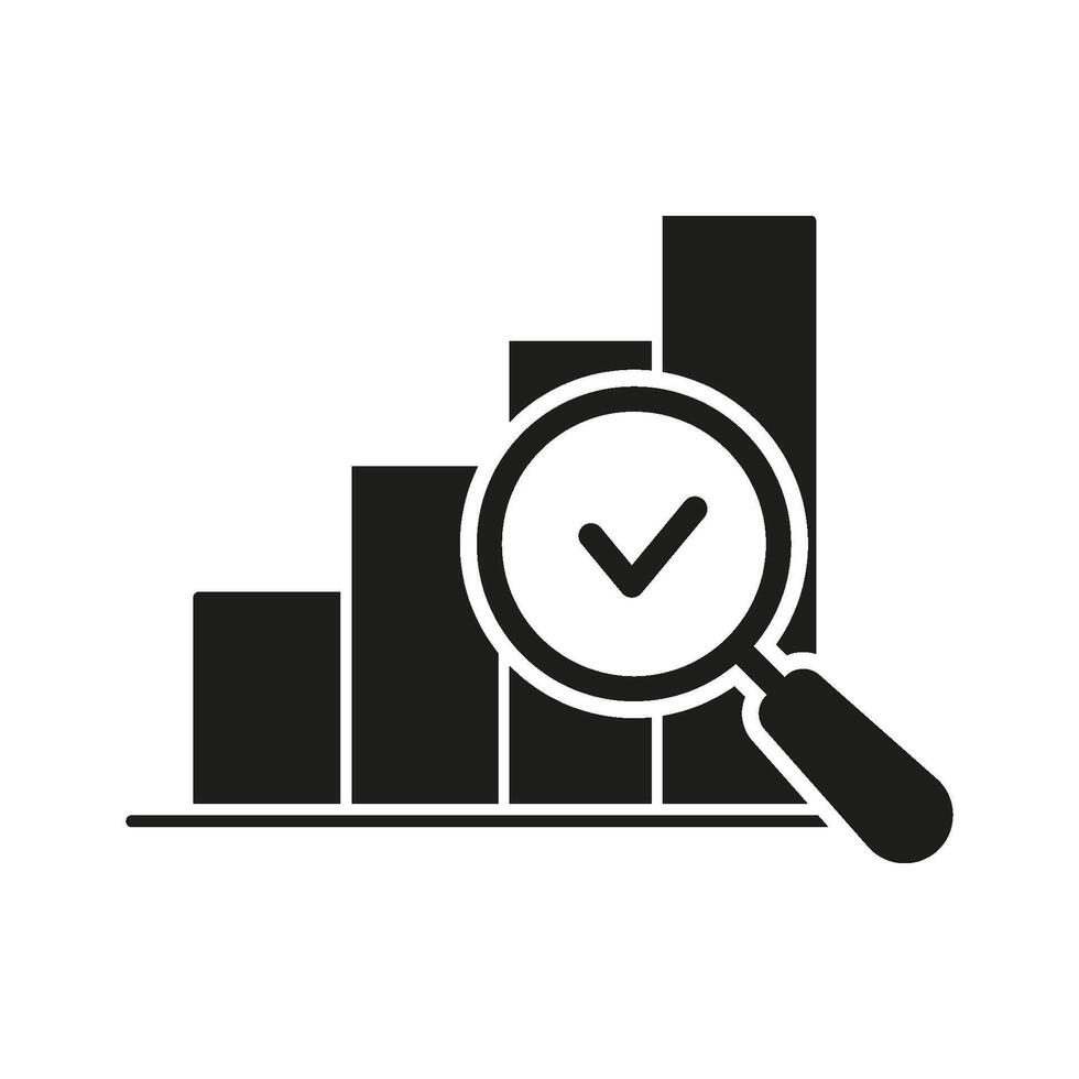 Bar Chart With Magnifying Glass And Checkmark Solid Icon. Data Analysis, Performance Evaluation, And Business Insight Silhouette Symbol. Financial Growth Assessment. Isolated Illustration vector