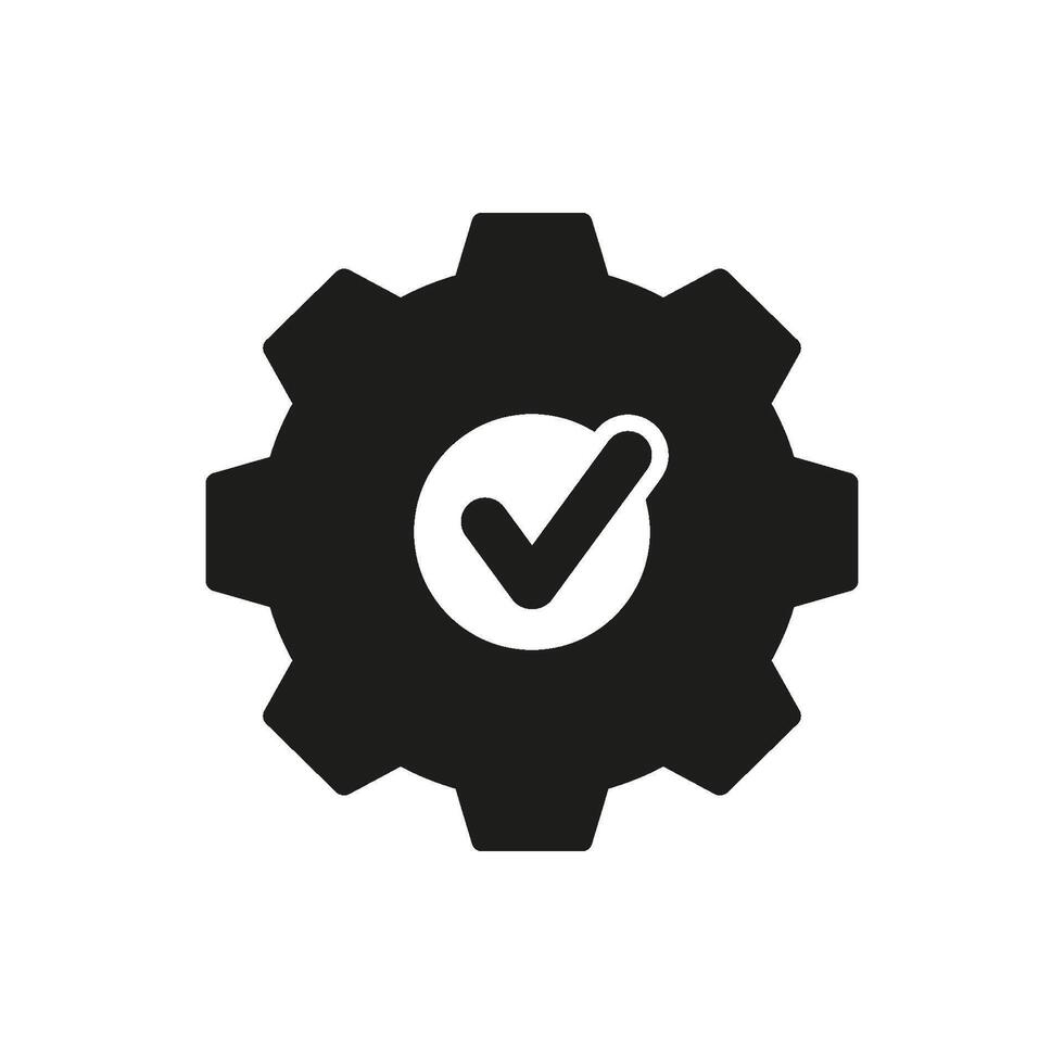 Gear With Checkmark Solid Icon. Efficiency And Reliability. Quality Assurance, System Optimization, And Task Completion Silhouette Symbol. Isolated Illustration vector