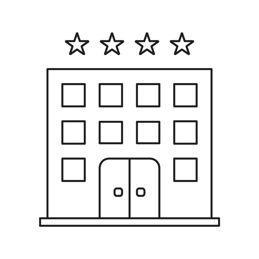 Hotel Building With Stars Line Icon. Luxury Accommodation, Hospitality, And Travel Service Outline Symbol. High-Quality Lodging Representation. Editable Stroke. Isolated Illustration vector