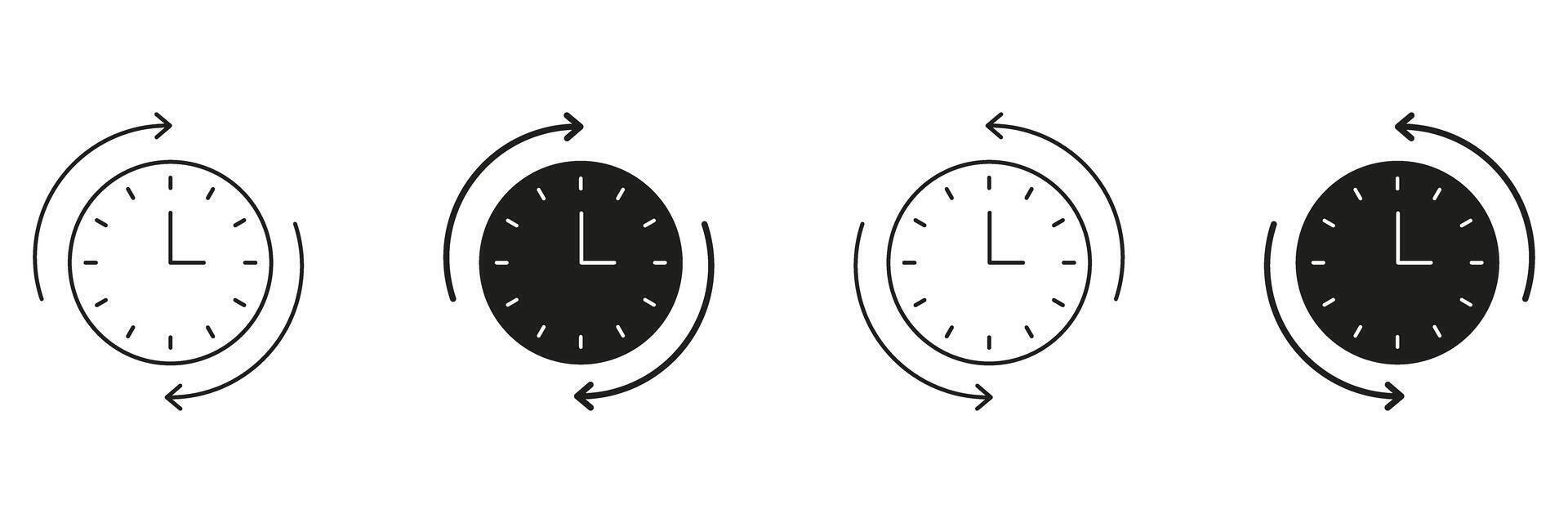 Clock With Arrows Line And Solid Icon Set. Time Management, Scheduling, And Cycle Rotation Symbol Collection. Concept Of Efficiency And Planning. Isolated Illustration vector