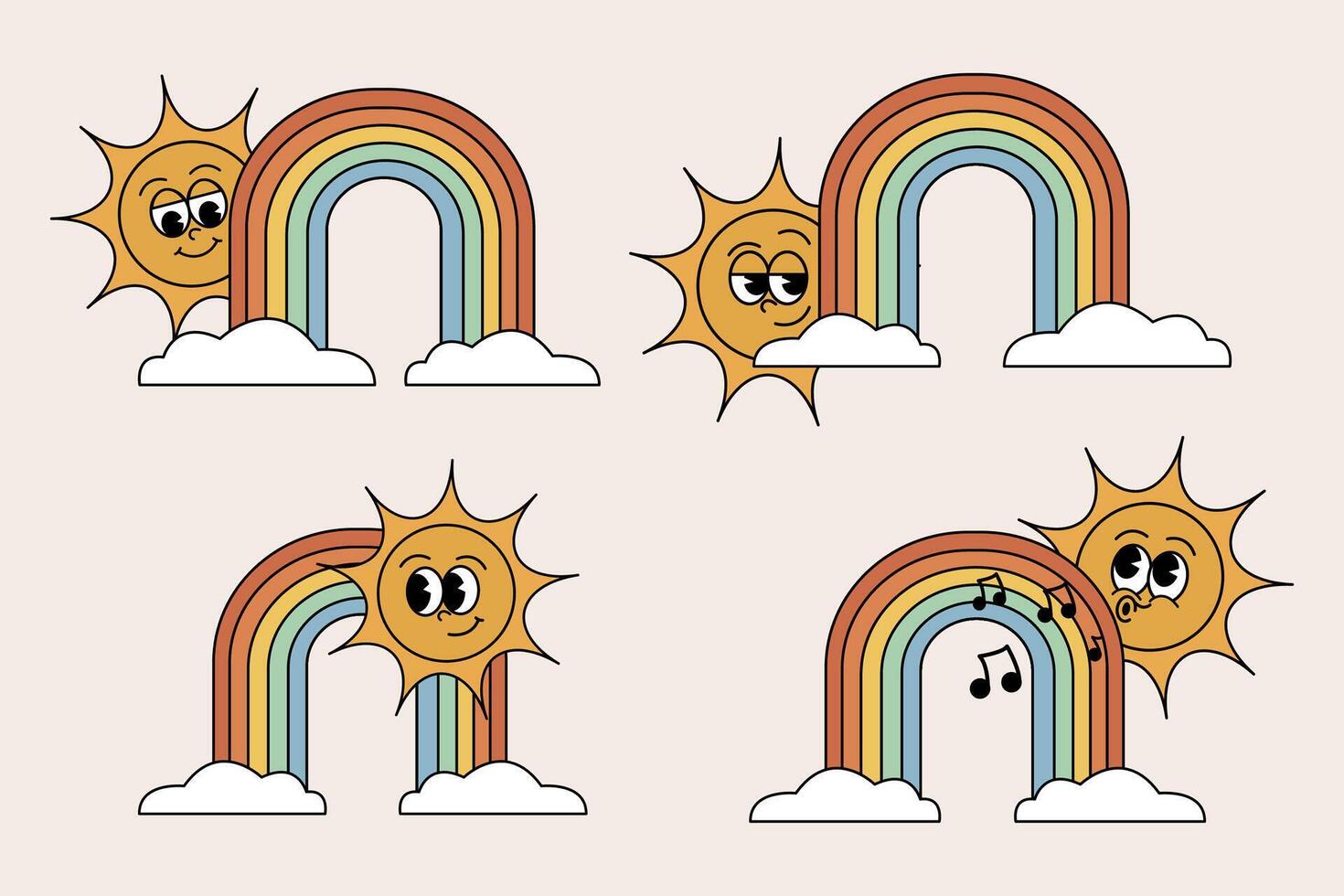 Cute Retro Sun and Rainbow groovy vintageFaces vector