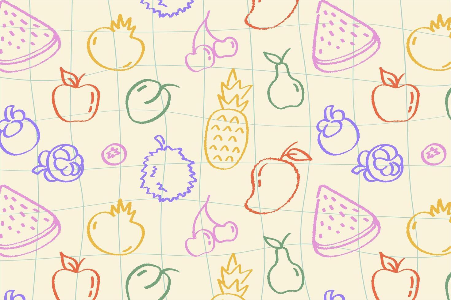 pattern of fruits and vegetables, colorful doodle sketch, healthy food background design. Pattern with hand drawn fruits and vegetables in playful style for your design vector