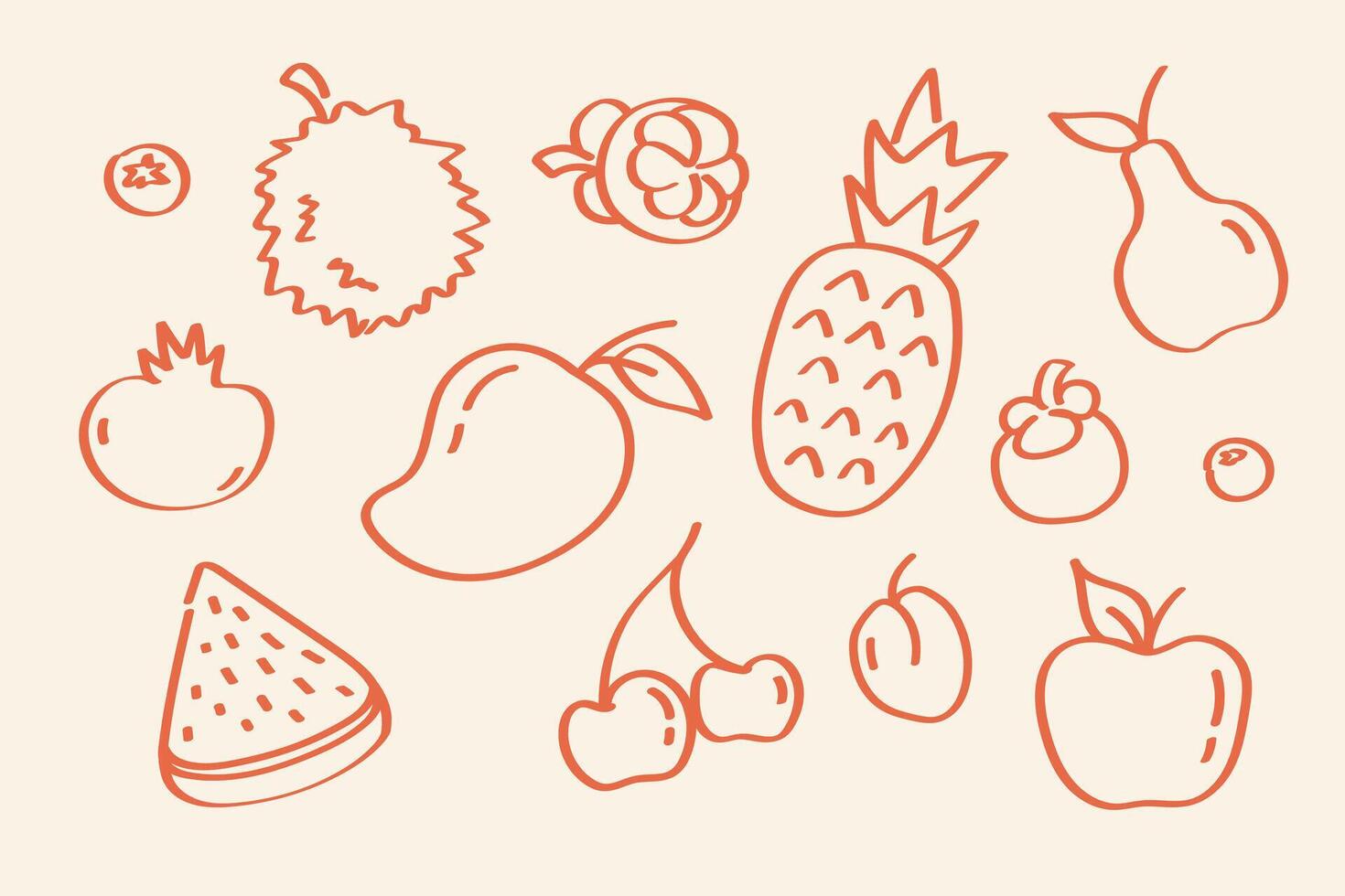 Fruits set, hand-drawn doodle sketch, tropical and garden fruits collection, red outline illustration. Hand-drawn set of tropical and garden fruits in red line doodle style. Fresh and healthy food vector