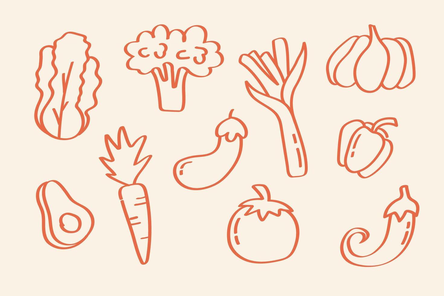 Vegetables set, hand drawn doodle collection, organic food sketch, healthy food, orange line drawing. Hand-drawn set of vegetables with red outline doodles. Organic food concept for healthy eating vector