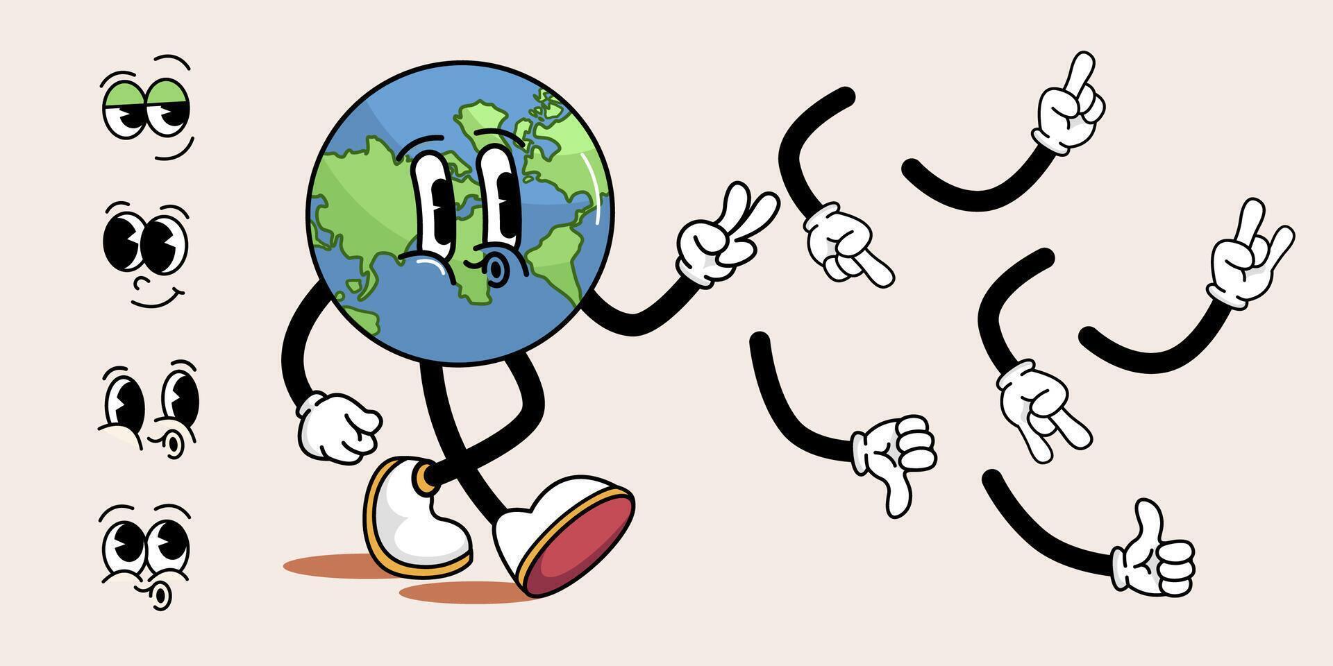 Funny retro cartoon hippie character Earth in a trendy, groovy style. Earth with a set of different emotions and different hand gestures. Set in the style of the 60s and 70s. Earth Day. World Environm vector