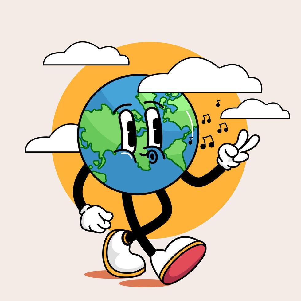 Groovy walking Earth cartoon character with music notes peace sign and retro sun joyful 60s 70s style mascot with hippie vibes colorful design for eco themes and nostalgic fun planet illustrations vector