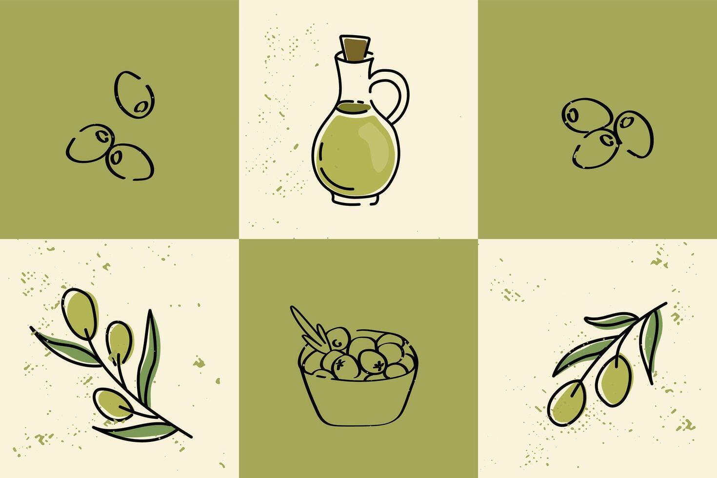 Olive and oil icon set in rustic block layout. Olive branch and oil bottle drawings with grunge texture on green beige background. vector