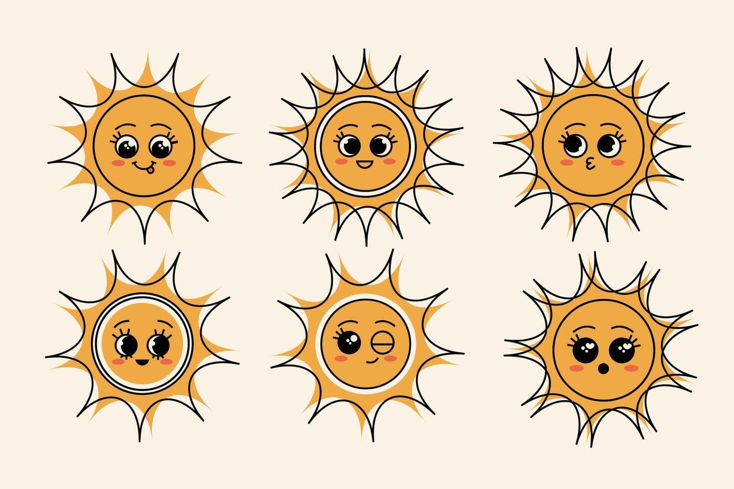 Set of cute retro sun faces happy cartoon cool sun characters. A collection of smiling sun faces in a cool vintage style with cute cartoon emotions vector