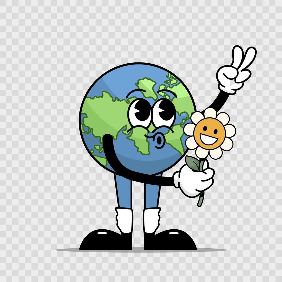 a Earth holding flower with peace sign, retro cartoon. Happy cartoon Earth holding a smiling flower and showing a peace sign. Retro 70s style, symbolizing love, peace, and care for the planet. vector
