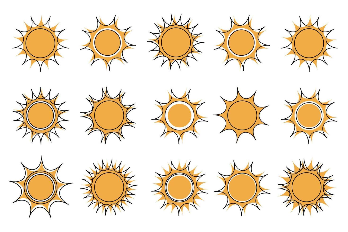 Minimal set of retro sun linear sun symbols in vintage groovy style. Set of small retro style suns in clean outline design abstract symbols vector