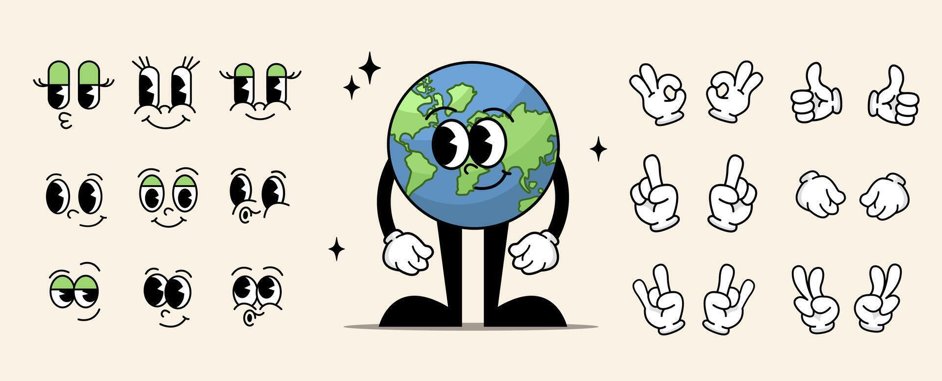 Retro wind-up character creation kit, cute sweet planet earth with different facial expressions and poses. Constructor. vector