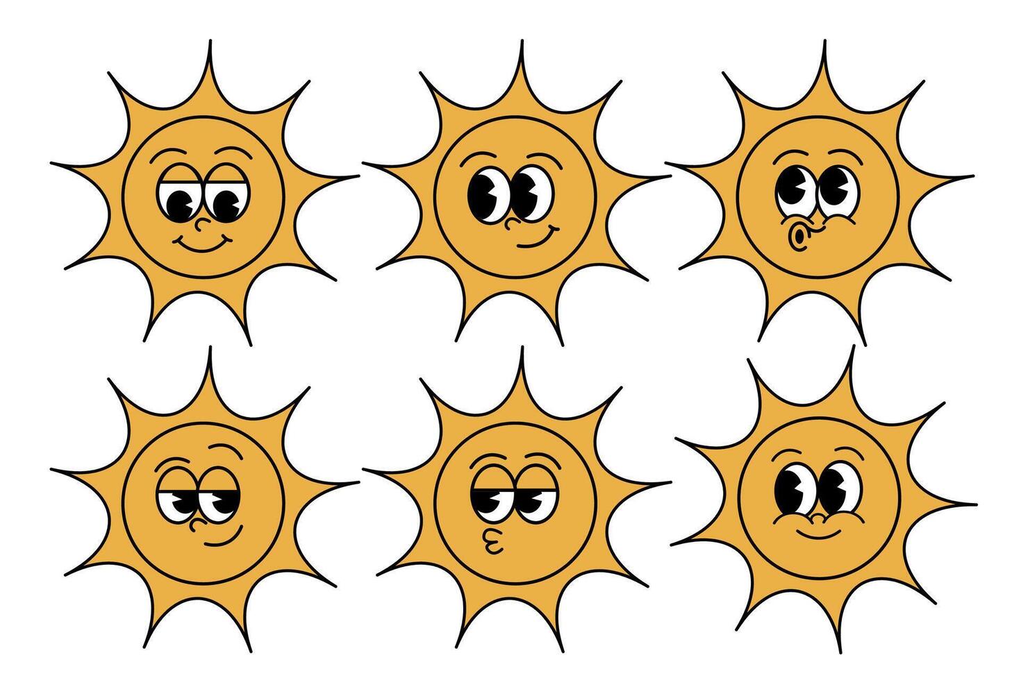 Cheerful happy sun character in trendy retro 60s 70s style. World Sun Day. International Day of the Solstice. vector