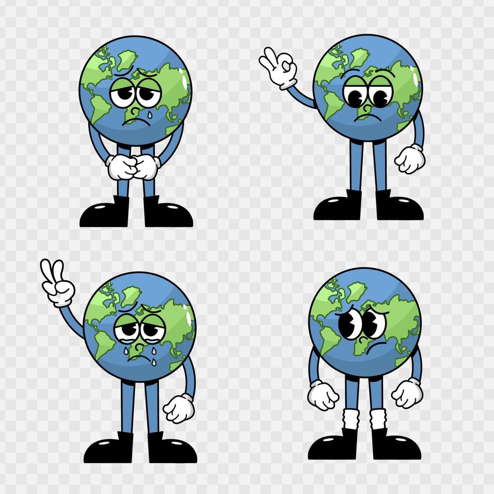 Retro emotional Earth emojis in cool cartoon style. Set of Earth cartoon characters with different sad emotions and gestures. Vintage 60s-70s style for eco friendly and educational designs. vector