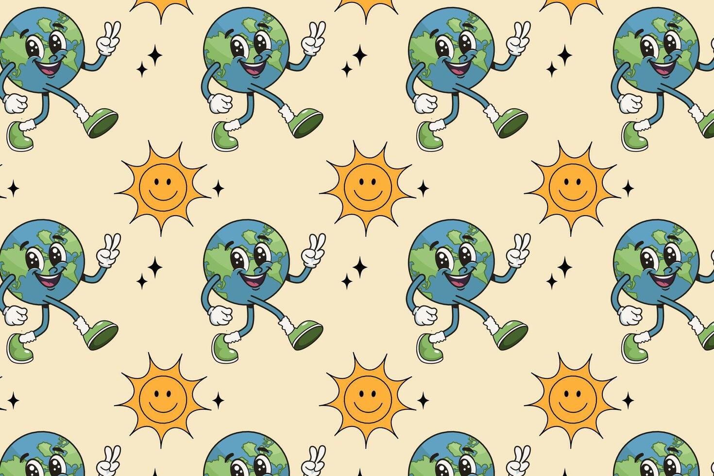 Retro Earth and sun pattern with happy cartoon characters in 70s comic style playful funky design with smiling faces in vintage hippie look ideal for kids eco themes and fun wrapping paper vector