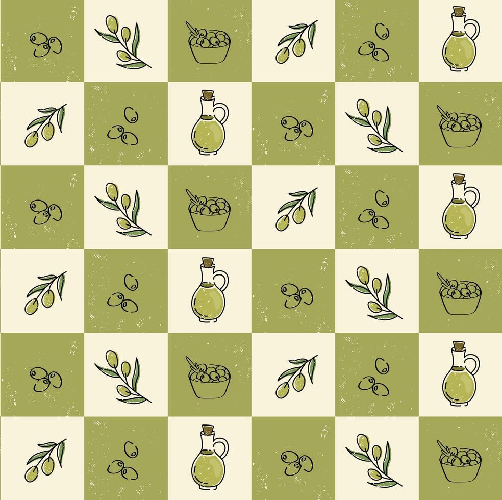 Olive oil pattern in vintage green grid. olive and oil bottle pattern in rustic style with green-beige blocks and texture. vector