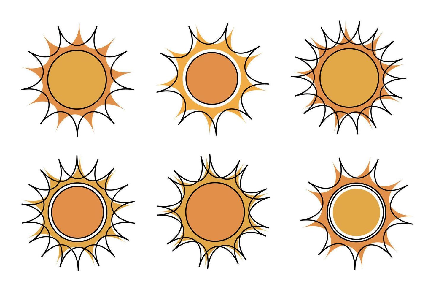 Abstract retro sun icons set vintage boho sunshine elements. Stylized groovy retro sun icons in orange and black abstract vintage set vector