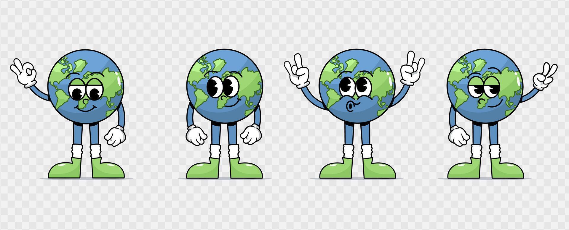 Retro Earth Cartoon Characters. Cute symbols, mascot with faces, different poses of hands and feet. Playful cheeky happy planet earth in trendy retro comic style. Earth Day.International Mother Earth vector