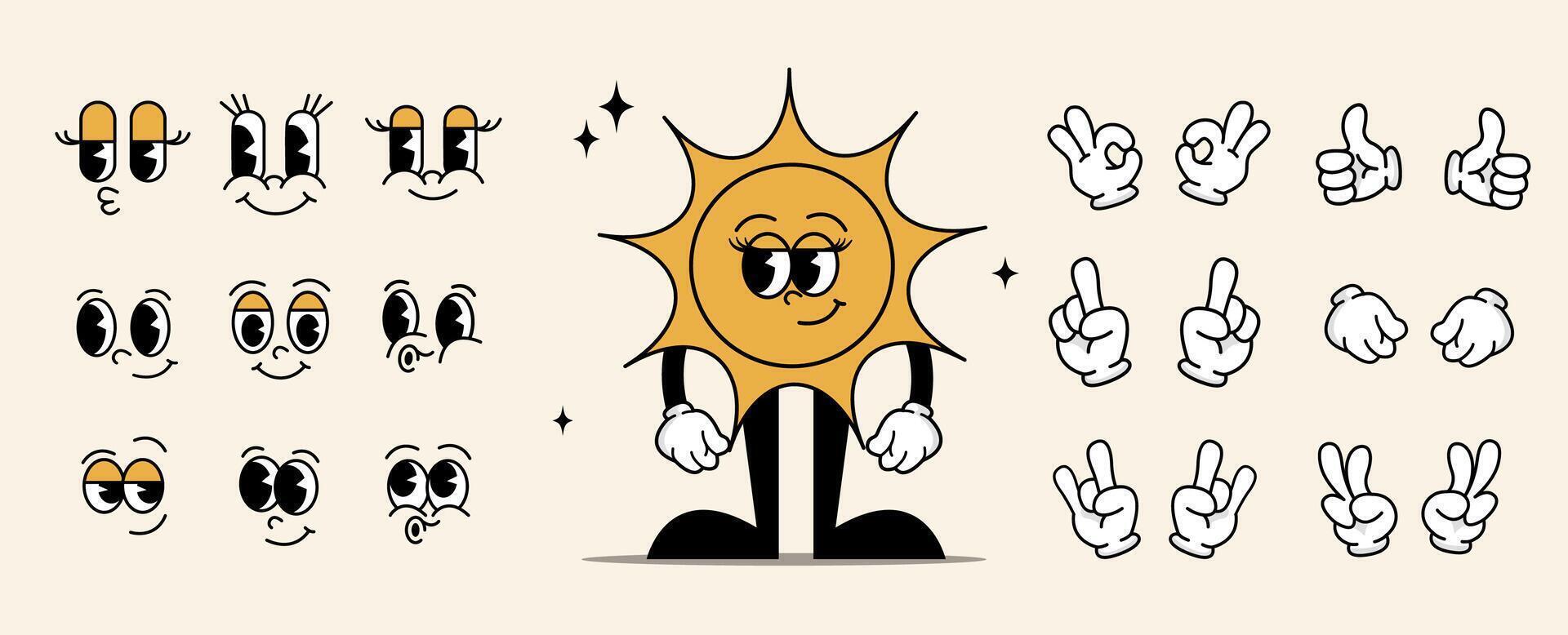 Retro wind up sun character creation kit with funny faces and hand options nostalgic cartoon style from 60s and 70s colorful design for creative use in kids projects toys and character building vector
