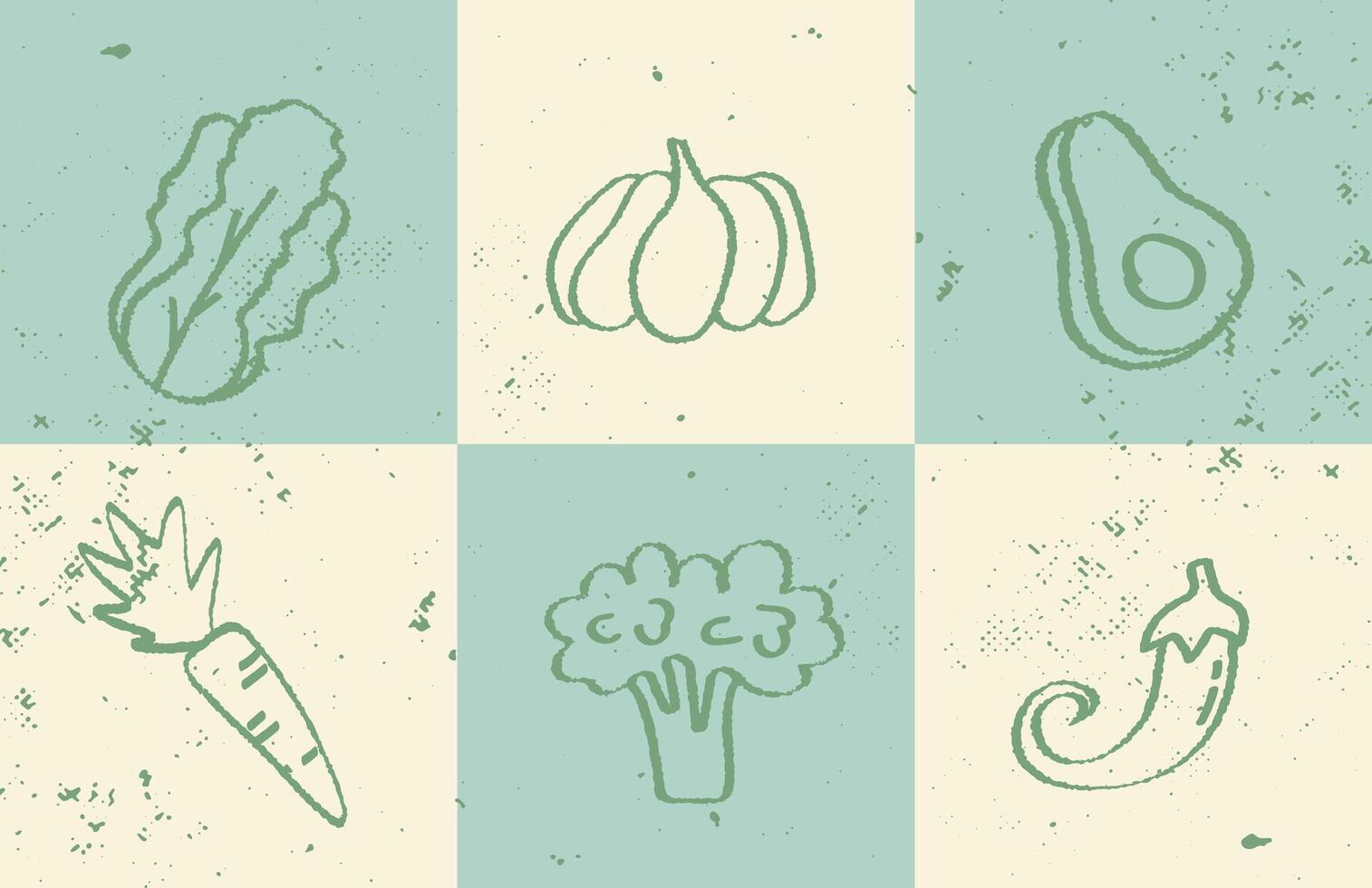 6 hand drawn illustrations healthy food sketch doodle. Vegetable sketch set with grunge retro texture. Hand-drawn vegetables on soft green-beige squares with rustic textured background. vector