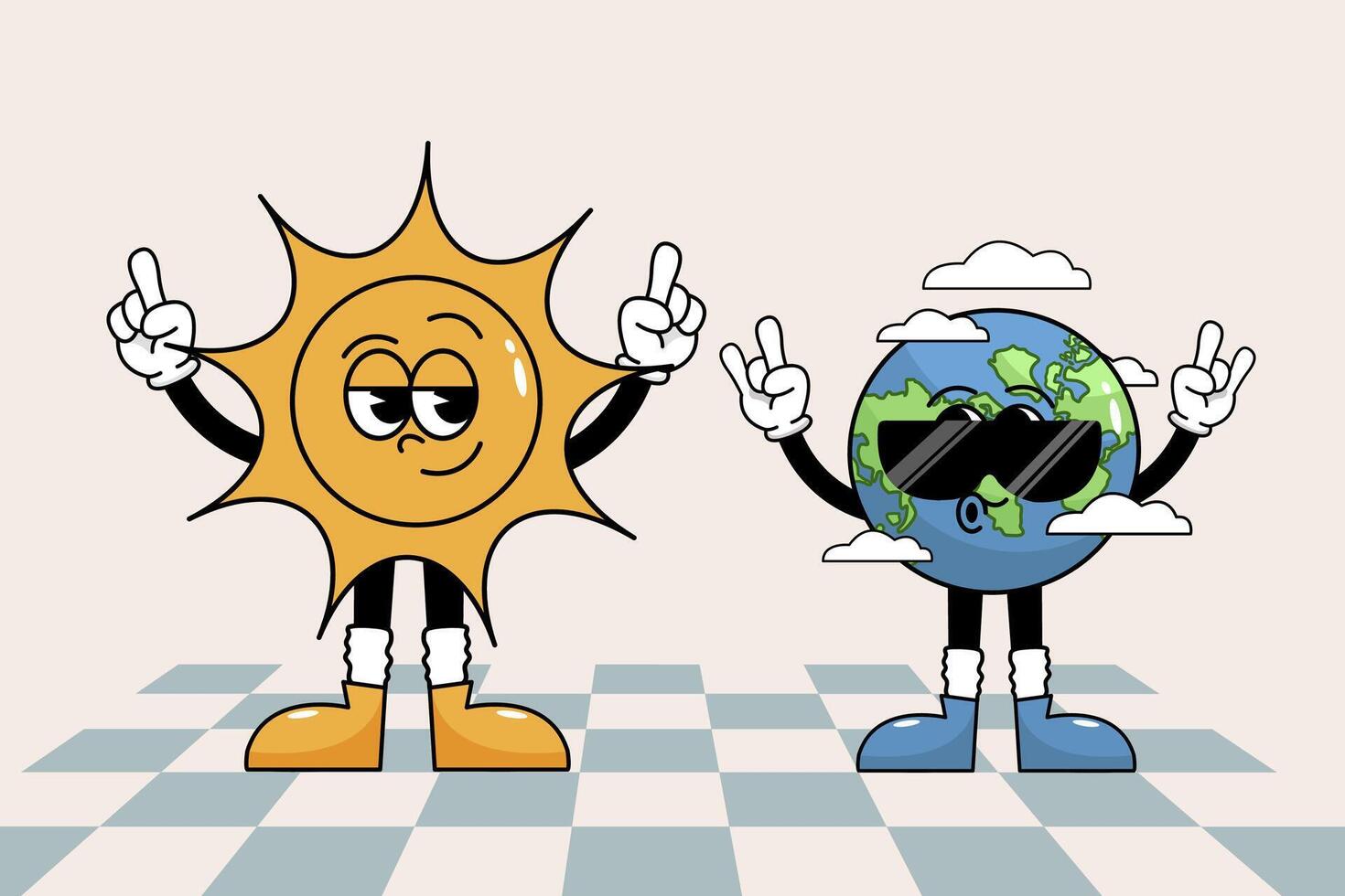 Retro cartoon sun and Earth characters wearing sunglasses and showing peace signs. Groovy 70s hippie style, cheerful mascots with funky expressions, perfect for eco, fun, and nostalgic designs. vector
