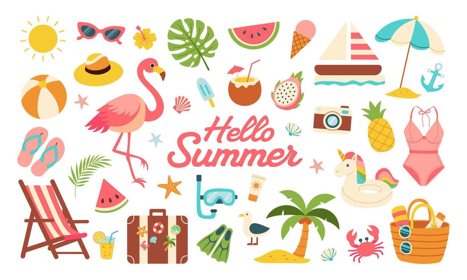 A colorful image of a beach scene with a flamingo, umbrella, and other beach items. The image is titled Hello Summer and is meant to evoke feelings of relaxation and fun vector
