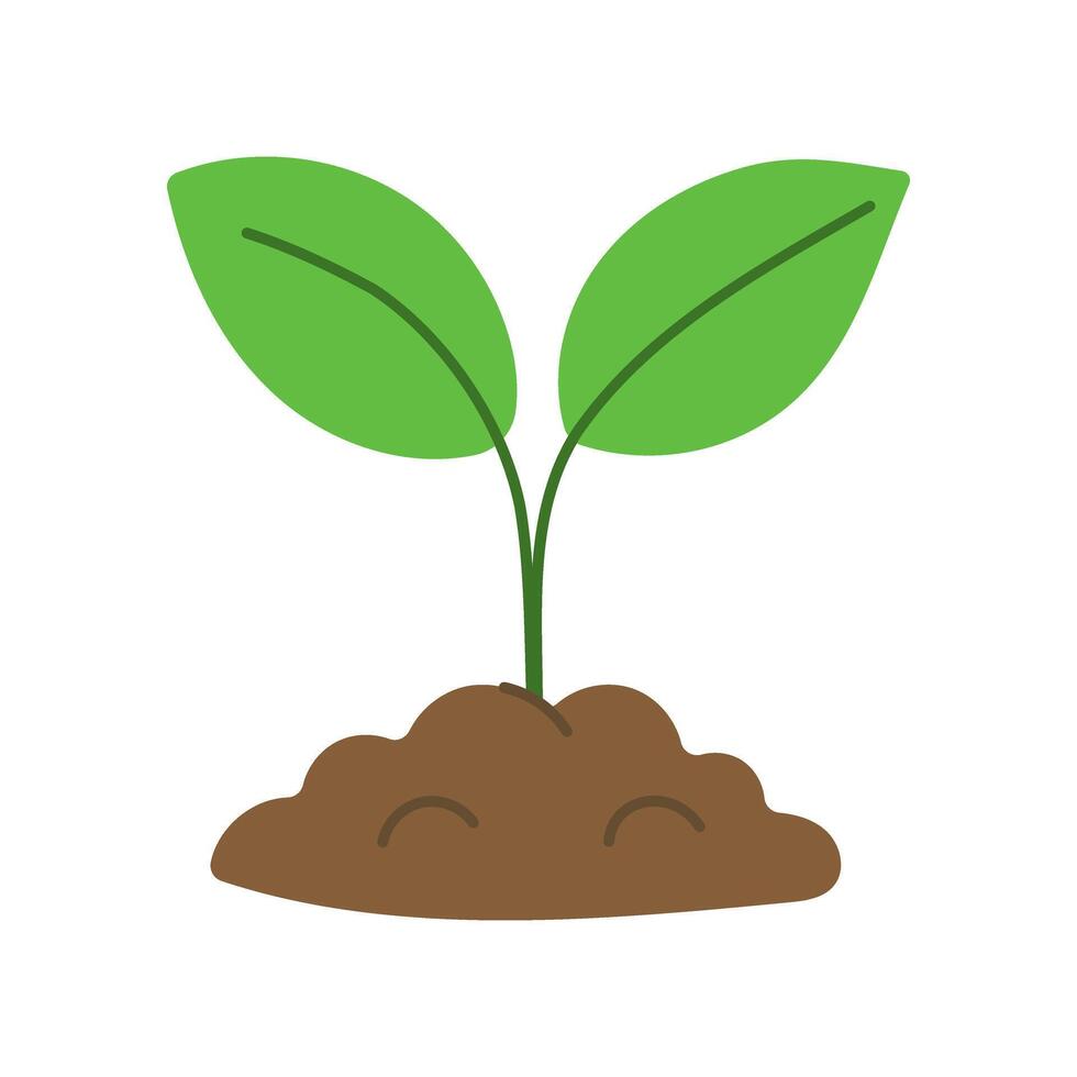 A cartoon drawing of a plant with two leaves and a stem. The leaves are green and the stem is brown. The plant is growing in the dirt vector
