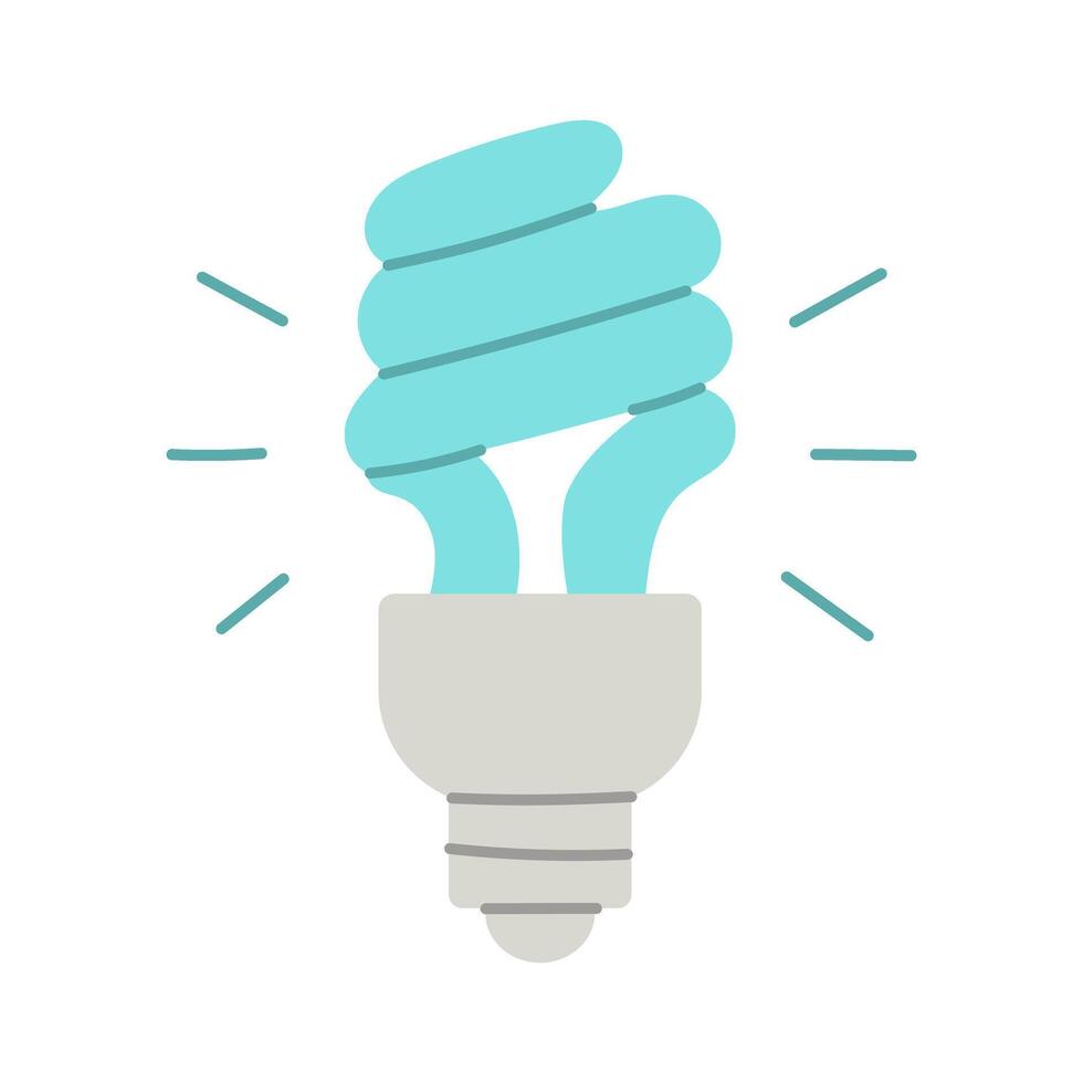 A light bulb is shown with a bright light shining on it. The bulb is a compact fluorescent light bulb, which is energy efficient and environmentally friendly. Concept of innovation and progress vector