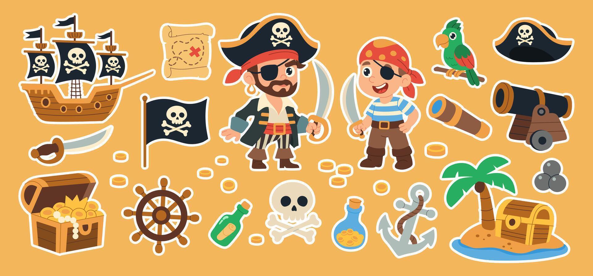 A collection of pirate-themed stickers, including a pirate, a pirate ship, a skull, and a parrot vector