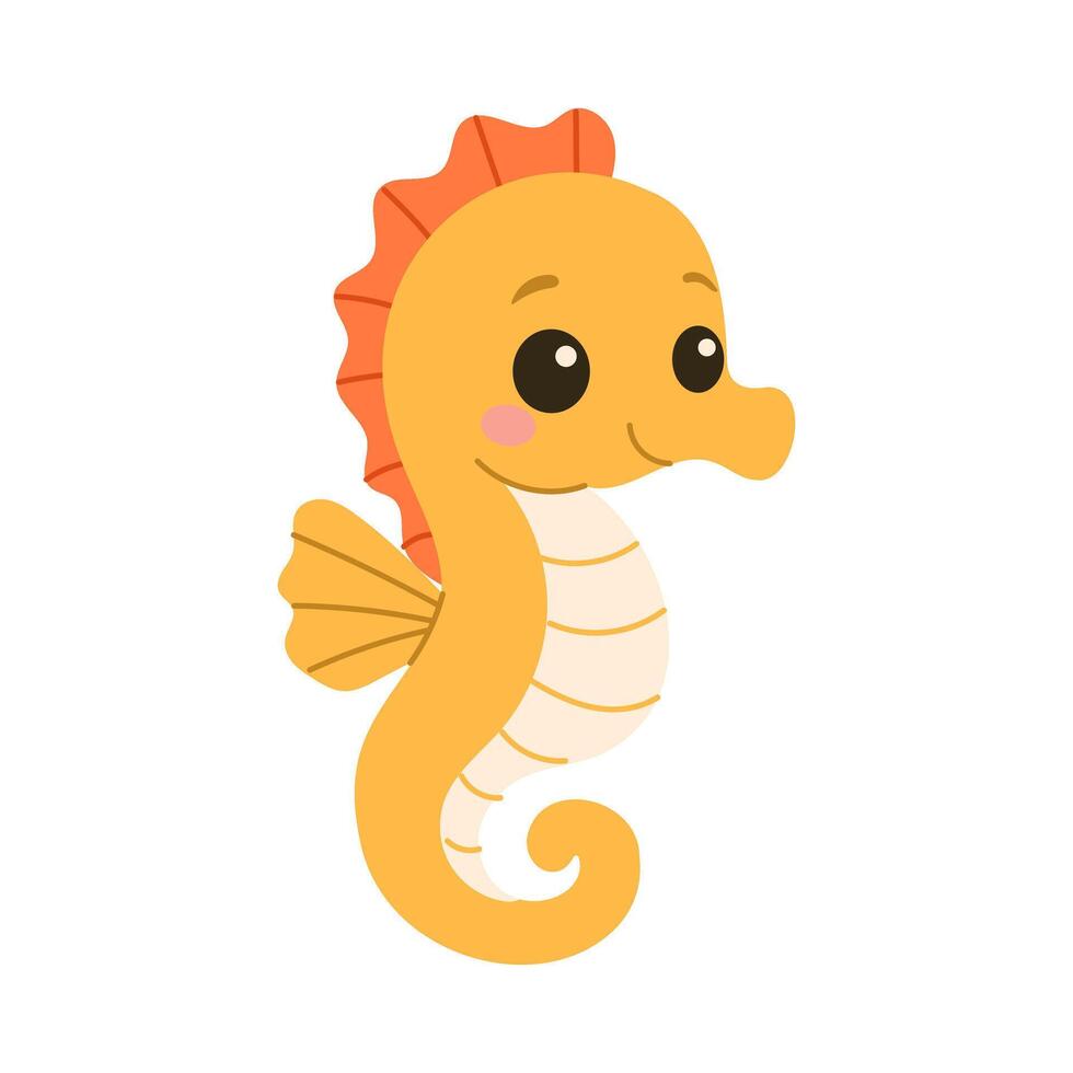 A cartoonish yellow seahorse with a big smile on its face. The seahorse is cute and friendly, and it looks like it's having a good time vector