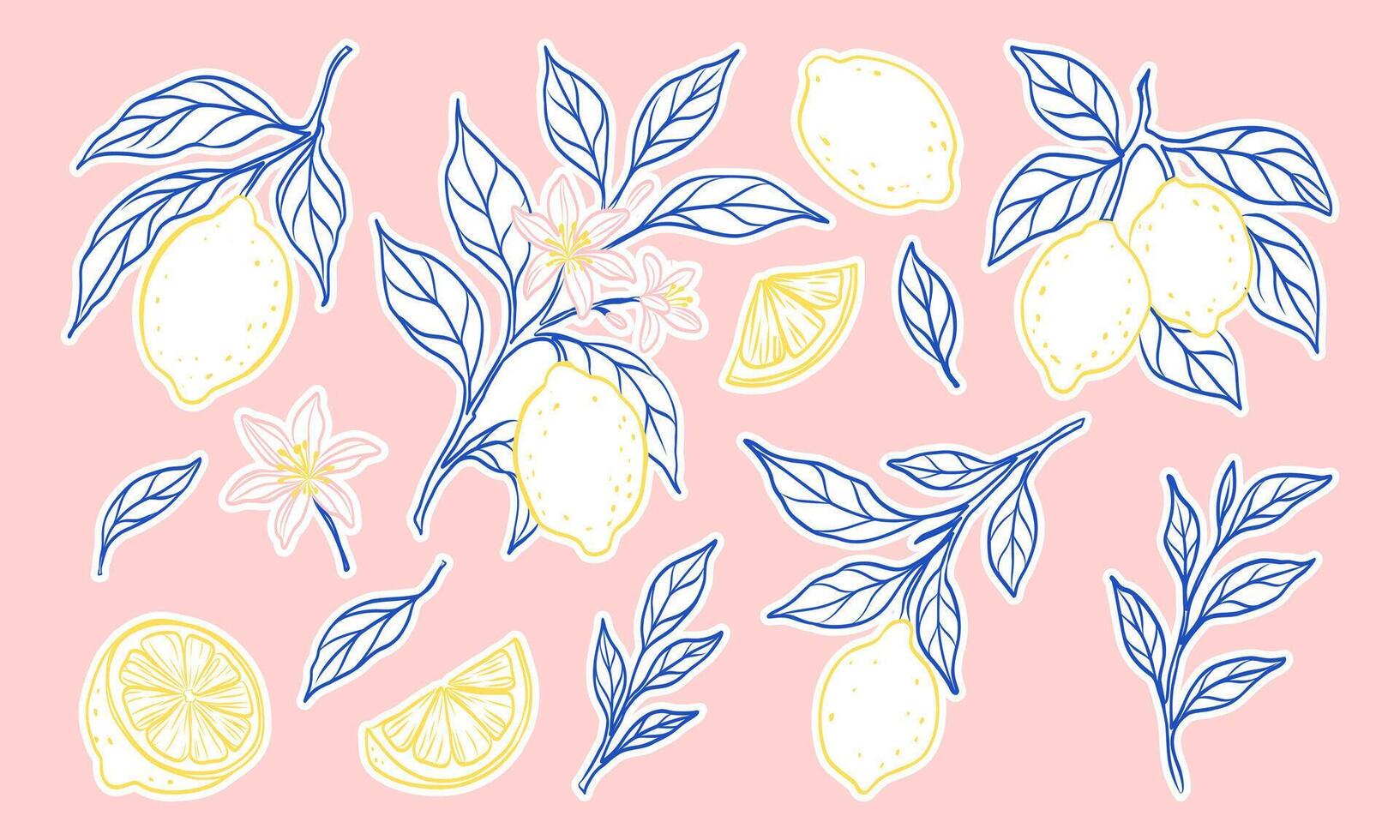 A series of blue and yellow drawings of lemons and leaves. The lemons are scattered throughout the image, with some in the foreground and others in the background vector