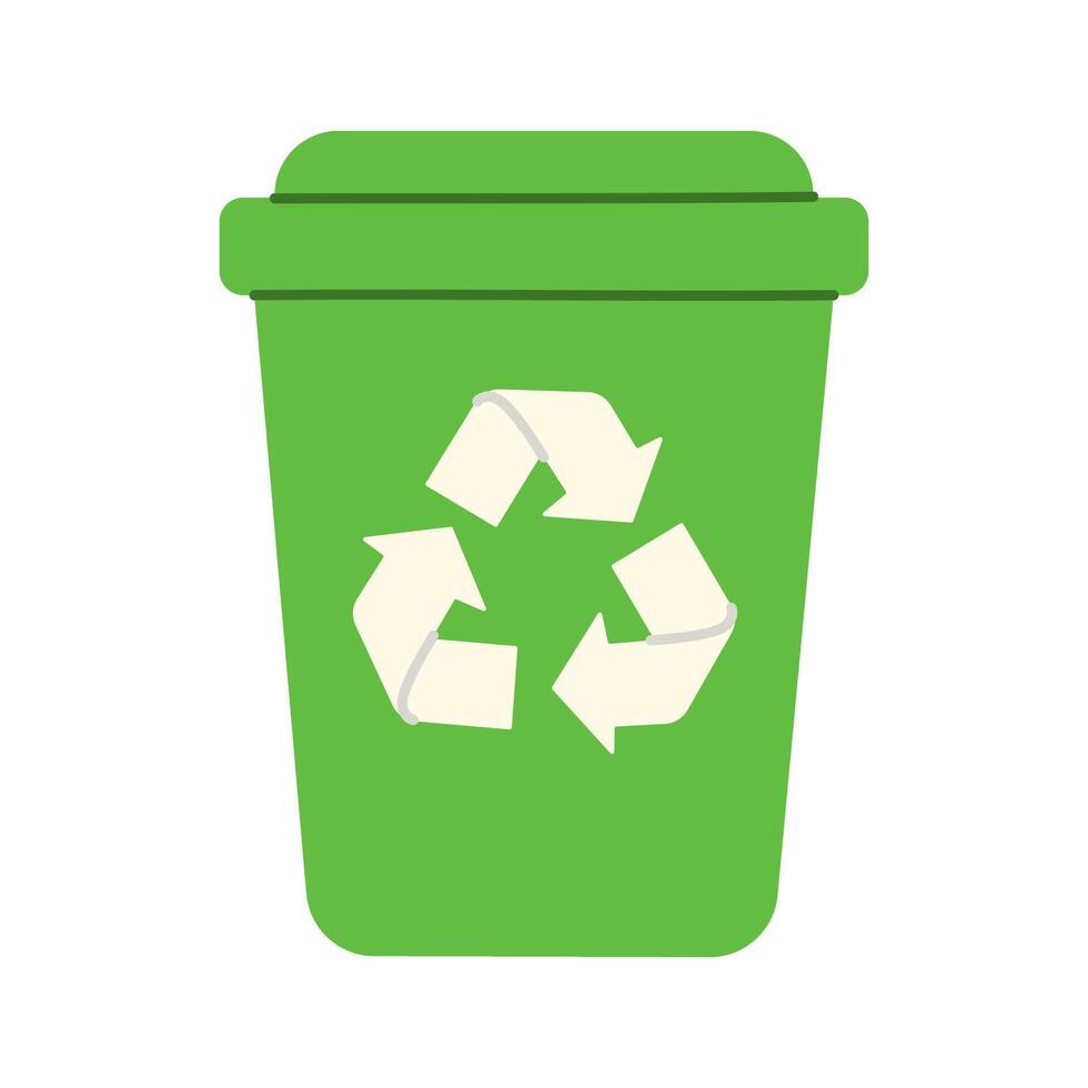 A green trash can with a recycling symbol on it. Concept of recycling and the importance of taking care of the environment vector