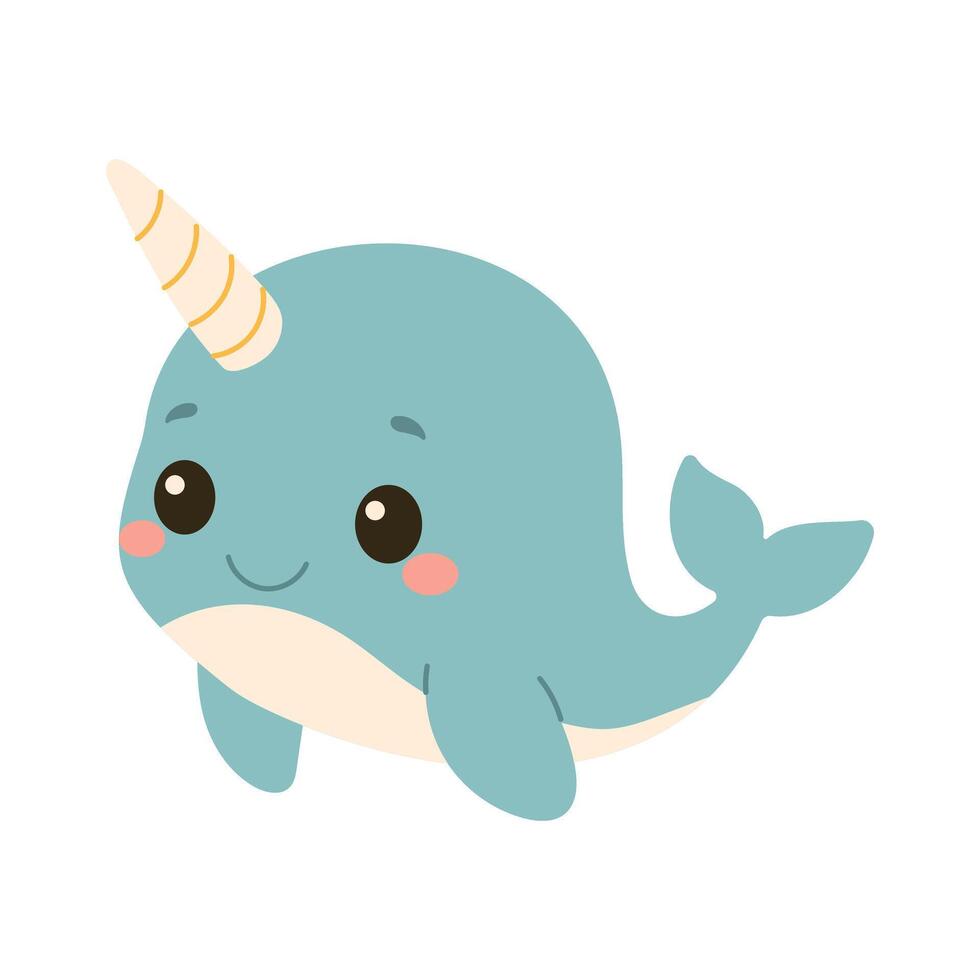 A cute cartoon whale with a unicorn horn on its head. The whale is smiling and looking at the camera vector