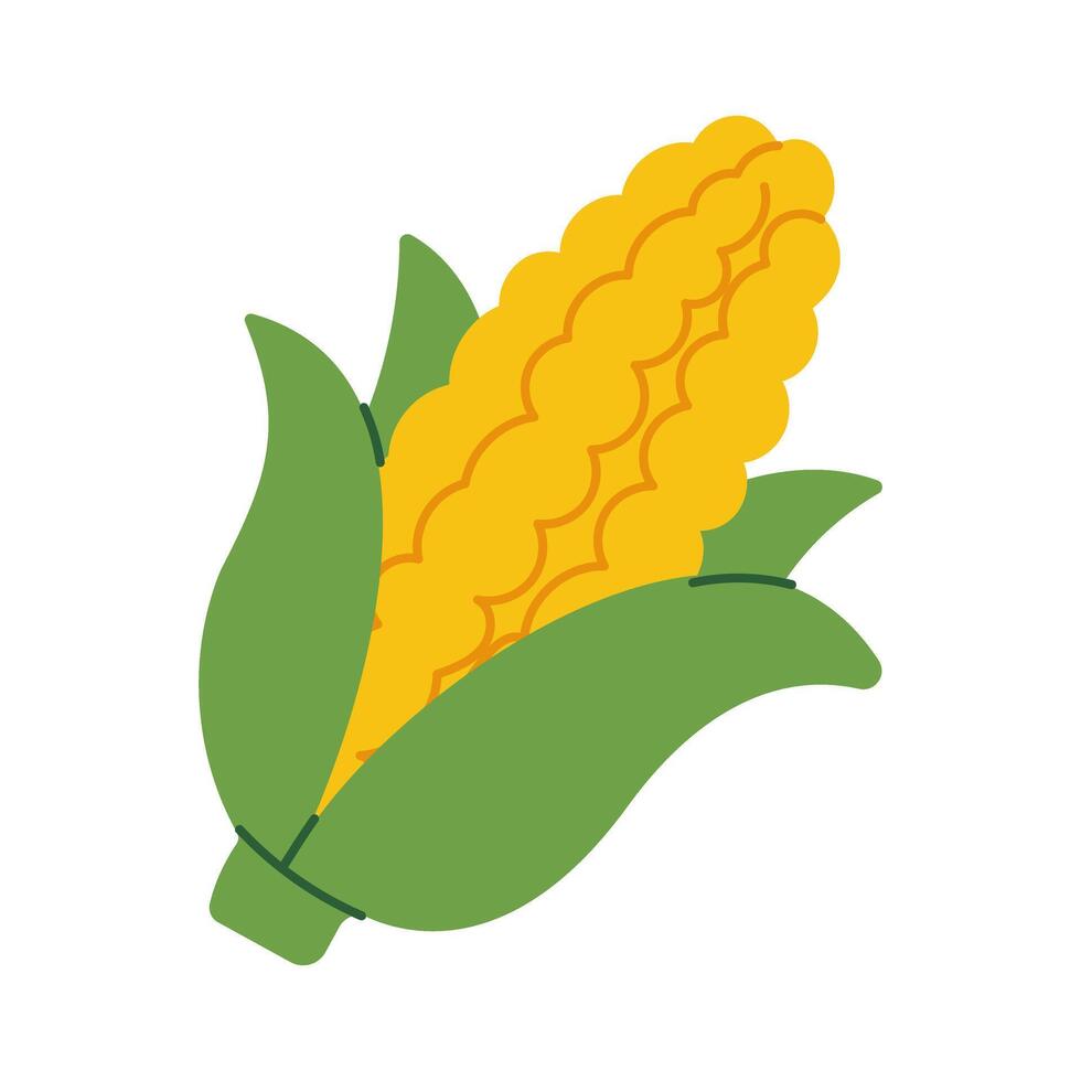 A cartoonish drawing of a corn cob with a green leaf. The corn is sitting on a white background vector