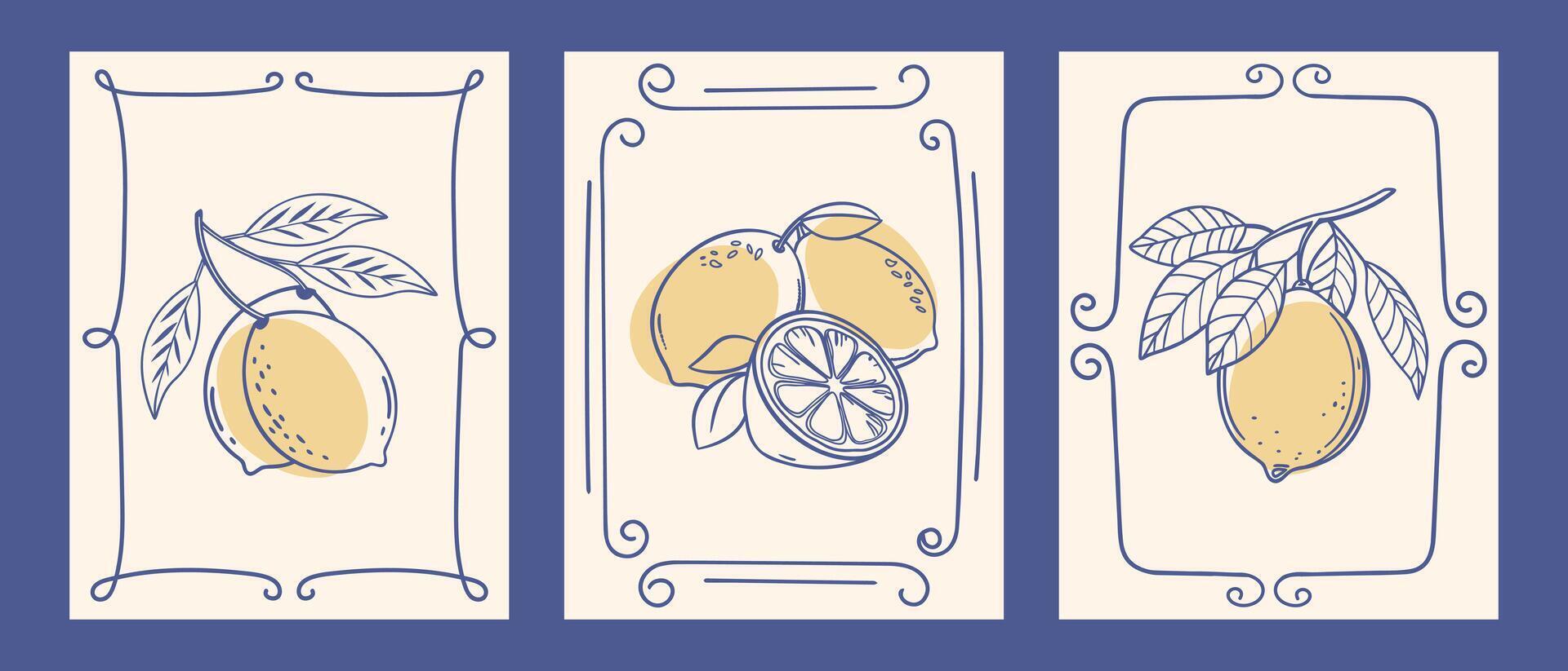 Set of hand drawn lemon posters. Set of botanical art prints with lemons. Ink sketch. Vintage Italian summer illustrations for cafe or restaurant menu. vector