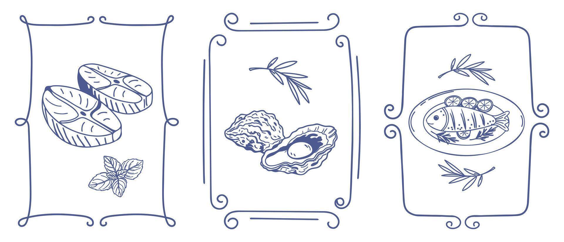 Set of hand drawn posters frames with simple mediterranean food. Fish seafood olives. Ink doodle sketch. Vintage illustrations for cafe or restaurant menu. vector