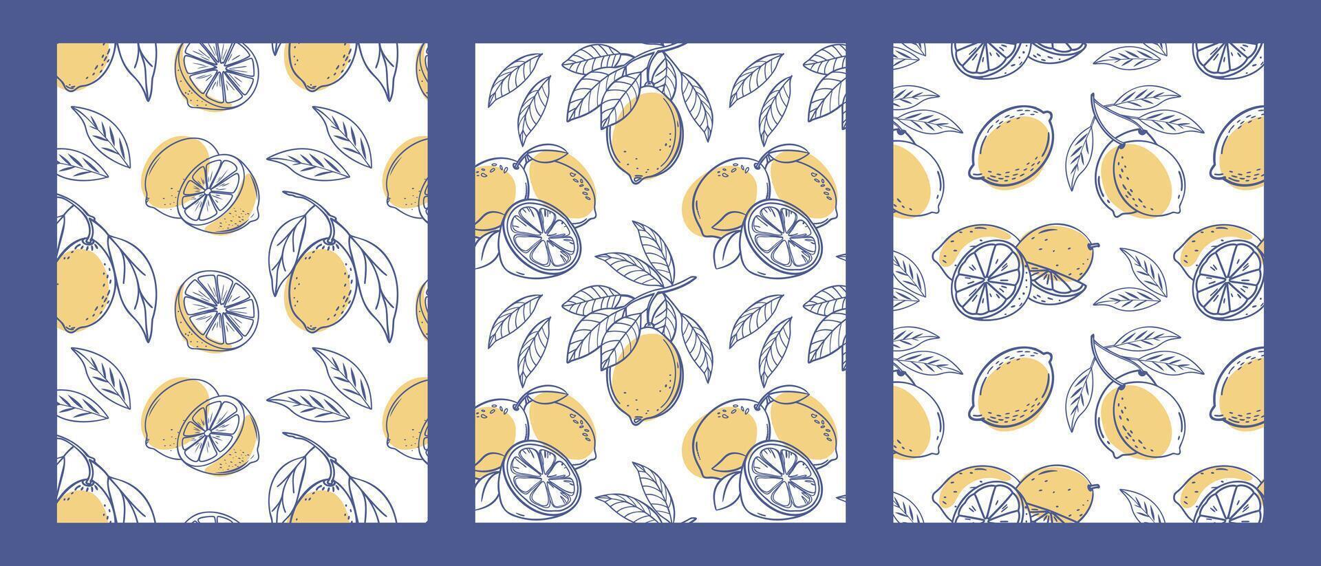 Set of hand drawn posters with lemons. Ink doodle sketch. Vintage backgrounds for cafe or restaurant menu. vector