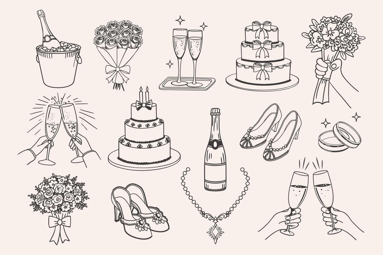 Wedding set. Hand drawn doodle icons of champagne, cake, rings and flower bouquets. Ink doodle sketch. Vintage illustrations for wedding invitations, menu and parties. vector