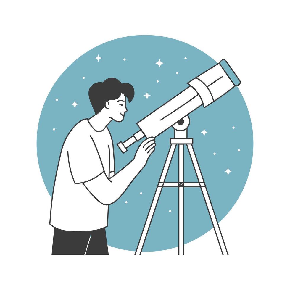 Man observing the night sky with a telescope. Minimalist illustration. vector