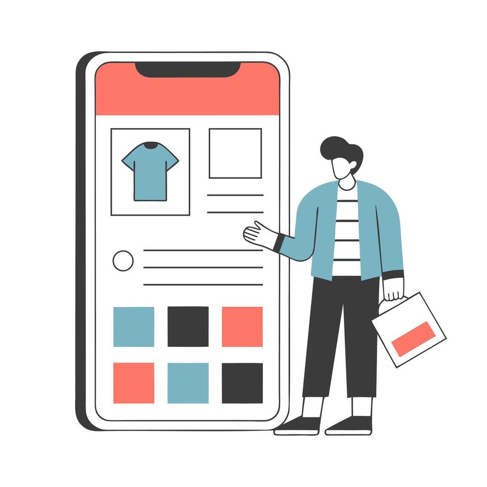Man shopping online using a smartphone app. Online shopping concept. Minimalist illustration. vector
