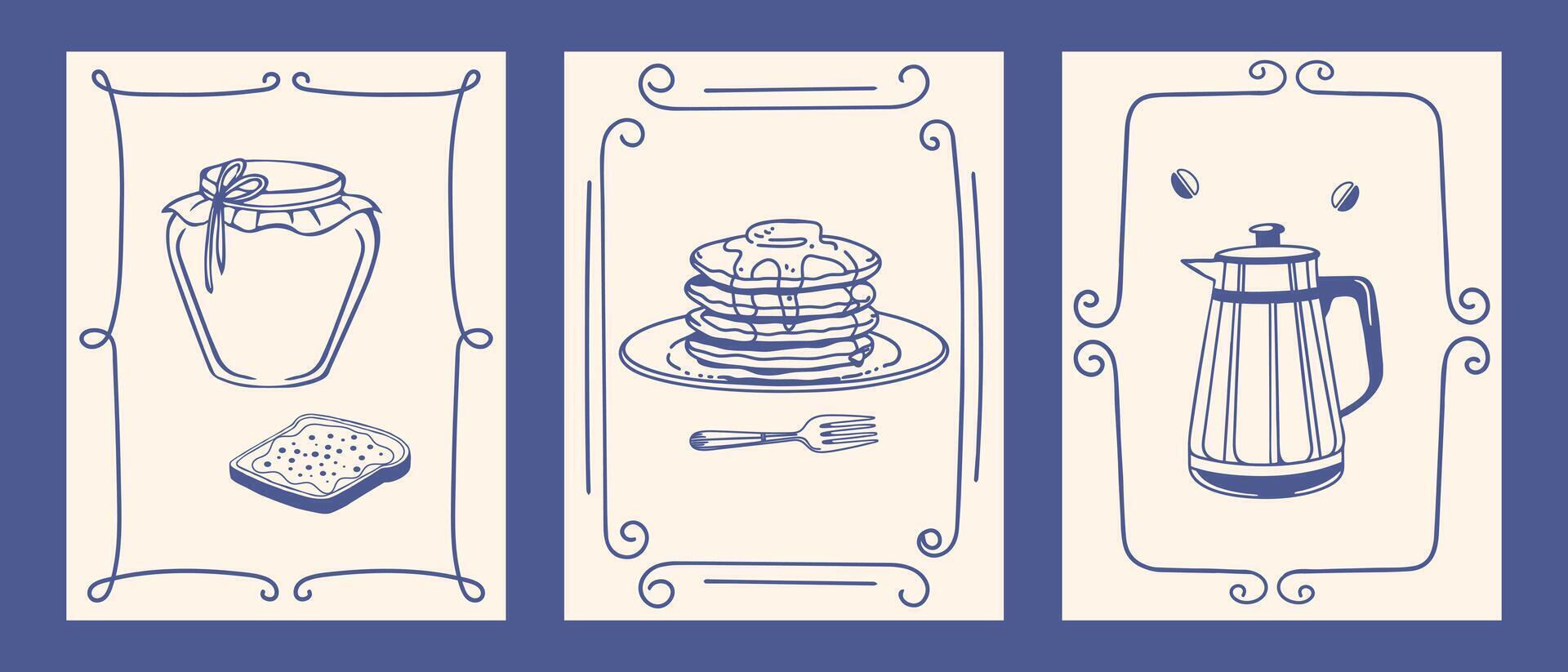 Set of hand drawn vintage breakfast posters. Set of breakfast illustrations with coffee, pancakes and jam. Ink sketch. Vintage illustrations for cafe or restaurant menu. vector
